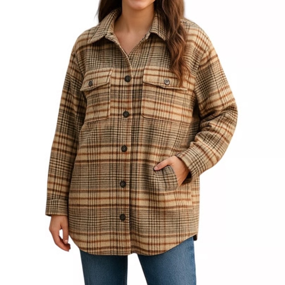 Joie Plaid Shacket Jacket in Brown and Cream